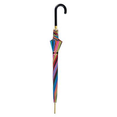 Parapluie long - Poignée en similicuir - Canne dorée - Rayures multicolores - Multicolor