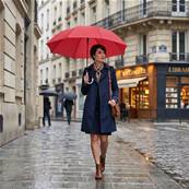 Grand parapluie automatique - Résistant au vent - Poignée incurvée - Motif géométrique - Rouge