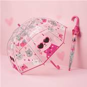 Parapluie Cloche Transparent pour Enfant - 8 Baleines en Fibre de Verre - Poignée Confortable - Chat rose