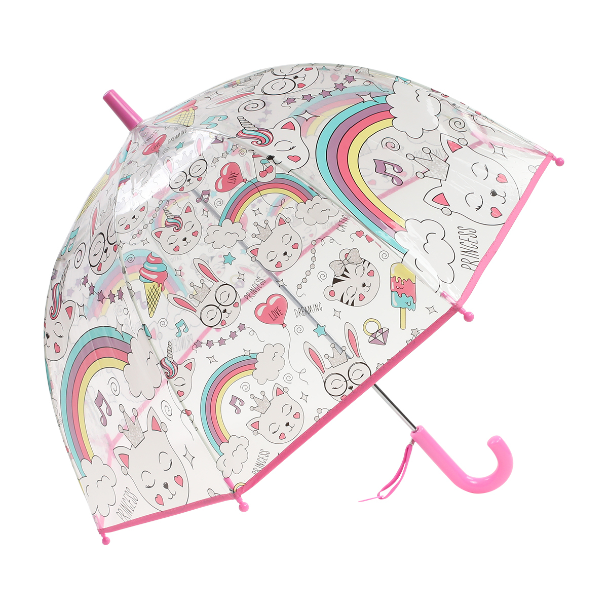 Parapluie enfant transparent - Parapluie fille - Poignée rose - Chat