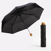 Parapluie Pliant pour Femme et Homme - 8 Baleines en Fibre de Verre - Parapluie Pliant à Trois Volet - Poignée en Bois - Noir