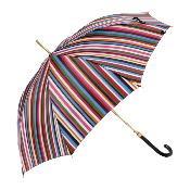 Parapluie long - Poignée en similicuir - Canne dorée - Rayures multicolores - Rouge