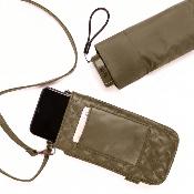 Ultra mini parapluie pliant pour femmes - Slim et léger - Résistant au vent - Avec protection UV - Avec sac smartphone assorti - Kaki