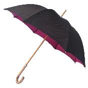 Parapluie long femme - Tissu Jacquard fabriqué en France - Manche courbé en bois - Motif pointillé noir avec intérieur fuschia