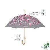 Parapluie écologique automatique pour femme - Fabriqué en tissu RPET et manche en bois - Grande protection de 102 cm de diamètre - Fleur de pêcher