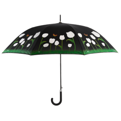 Parapluie droit avec ouverture automatique - Aspect changeant au contact de l'eau de pluie - Noir avec tulipes