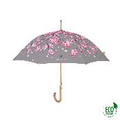 Parapluie écologique automatique pour femme - Fabriqué en tissu RPET et manche en bois - Grande protection de 102 cm de diamètre - Fleur de pêcher