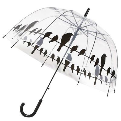 Parapluie cloche transparent avec joli imprimé oiseaux et poignée courbée