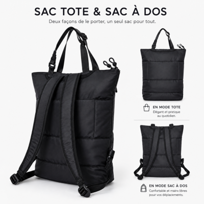 Sac à dos convertible pour femme - Léger et imperméable avec poche pour ordinateur portable jusqu'à 15" - Noir