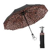 Parapluie pliant – Design 3 plis avec auvent double couche – Système d'ouverture automatique – Extérieur noir avec intérieur imprimé léopard