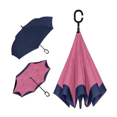 Parapluie bleu marine à ouverture inversée- Toile intérieure rose