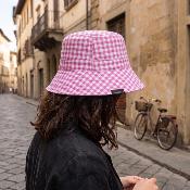 Chapeau imperméable pliable et réversible avec sac de rangement - Avec protection solaire UVP50+ - Matière recyclée - Rose Vichy - Taille Unique