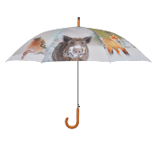 Parapluie droit avec système d'ouverture automatique et manche en bois - huit animaux imprimés : rouge-gorge, lièvre, écureuil, hibou, renard, sanglier, pinson et cerf