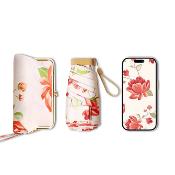 Mini parapluie pliant pour femme - Design compact à cinq volets avec pochette assortie - Imprimé camélia avec revêtement intérieur doré