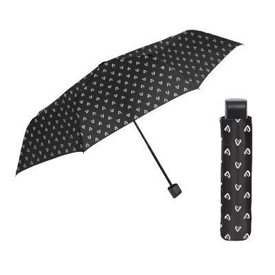 Mini parapluie pliant pour femme - Design trois plis - Cœurs - Noir