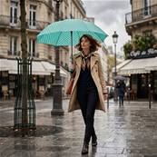 Grand parapluie automatique - Résistant au vent - Poignée incurvée - À pois - Bleu Aqua