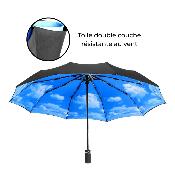 Parapluie pliant – Design à trois volets avec auvent à double couche – Ouverture automatique – Extérieur noir avec intérieur ciel