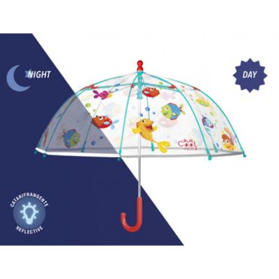 Parapluie enfant cloche transparent bleu et jaune - Bordure réflechissante - Poignée rouge - Parapluie Garçon - Poisson