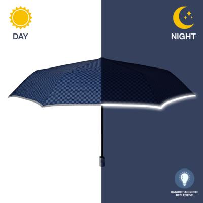 Mini parapluie pliant réfléchissant pour femme - Ultra compact et plat - Ouverture automatique - Motif à carreaux bleus avec bordure réfléchissante