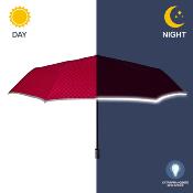 Mini parapluie pliant réfléchissant pour femme - Ultra compact et plat - Ouverture automatique - Motif à carreaux rouge avec bordure réfléchissante