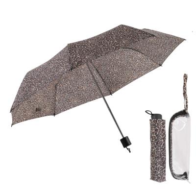 Parapluie pliant pour femme - Avec étui zippé en PVC et dragonne - Motif Léopard