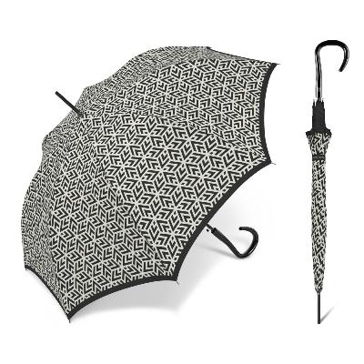 Grand parapluie automatique - Avec poignée courbée en bois - Étoiles en noir et blanc