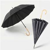 Parapluie Long pour Homme et Femme - 16 Baleines en Fibre de Verre - Ouverture Automatique - Poignée en Bois Incurvée - Rayé - Noir