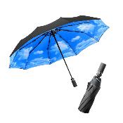 Parapluie pliant – Design à trois volets avec auvent à double couche – Ouverture automatique – Extérieur noir avec intérieur ciel