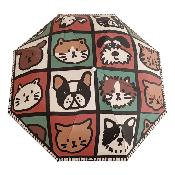 Parapluie Pliant pour Femme - Poignée Courbée en Bois - Motifs chat et chien