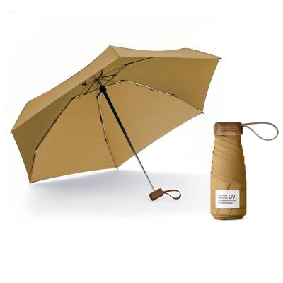 Mini parapluie pliant - Parapluie cinq volets - Protection UV - Léger et compact - Manche oblat en bois avec housse en tissu - Caramel rustique