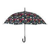 Grand parapluie automatique - Résistant au vent - Avec poignée courbée - Motifs floraux - Noir