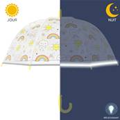 Parapluie cloche transparent enfant - Bordure réfléchissante pour une visibilité optimale la nuit - Sécurité renforcée - Poignée jaune - Imprimé arc-en-ciel