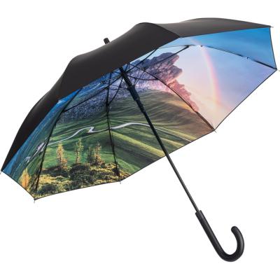Parapluie long avec protection UV - Windproof - Système d'ouverture automatique - imprimé noir et montagne à l'intérieur