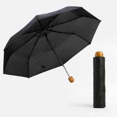 Parapluie Pliant pour Femme et Homme - 8 Baleines en Fibre de Verre - Parapluie Pliant à Trois Volet - Poignée en Bois - Noir