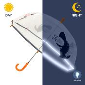 Parapluie cloche transparent enfant - Dinosaure rigolo -  Bordure réflechissante pour être visible la nuit - Transparent avec poignée orange