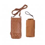 Ultra mini parapluie pliant pour femmes - Slim et léger - Résistant au vent - Avec protection UV - Avec sac smartphone assorti - Marron chameau