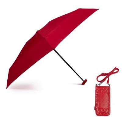 Ultra mini parapluie pliant pour femmes - Slim et léger - Résistant au vent - Avec protection UV - Avec sac smartphone assorti - Rouge