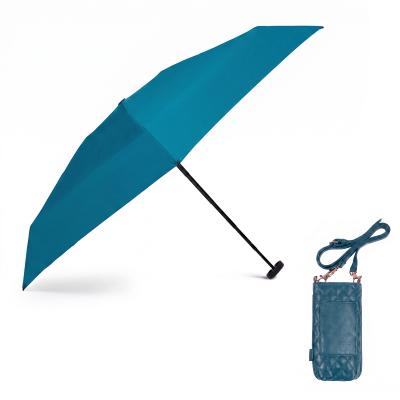 Ultra mini parapluie pliant pour femmes - Slim et léger - Résistant au vent - Avec protection UV - Avec sac smartphone assorti - bleu sarcelle